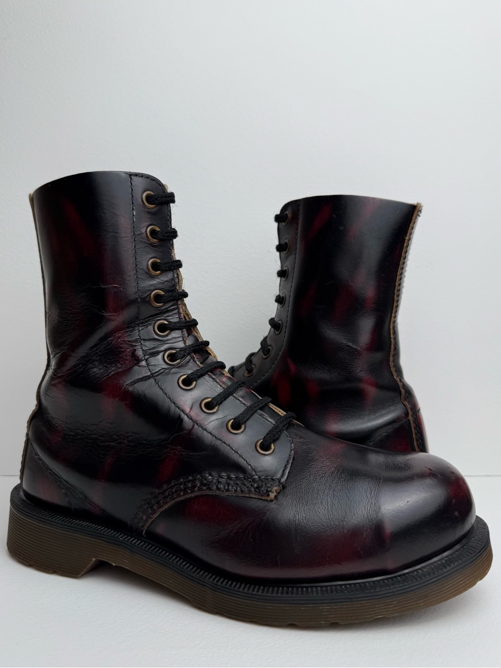 Vintage Dr. Martens 10 Eye Oxblood Red Black Rub Off Steel Toe MIE Boots UK 5